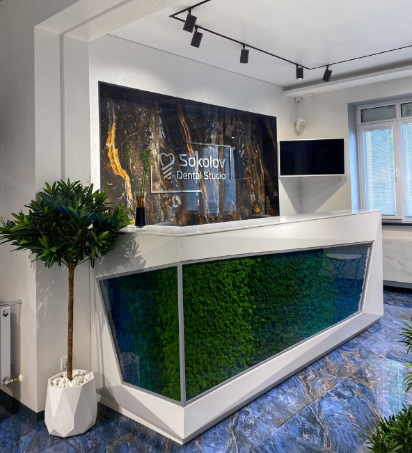 Зона ресепшен в Стоматологии Somolov Dental Studio
Калуга, Московская ул., д.63.

Общая площадь озеленения: 1,8м2. 
Панно неправильной формы с защитным стеклом и контурной подсветкой. 